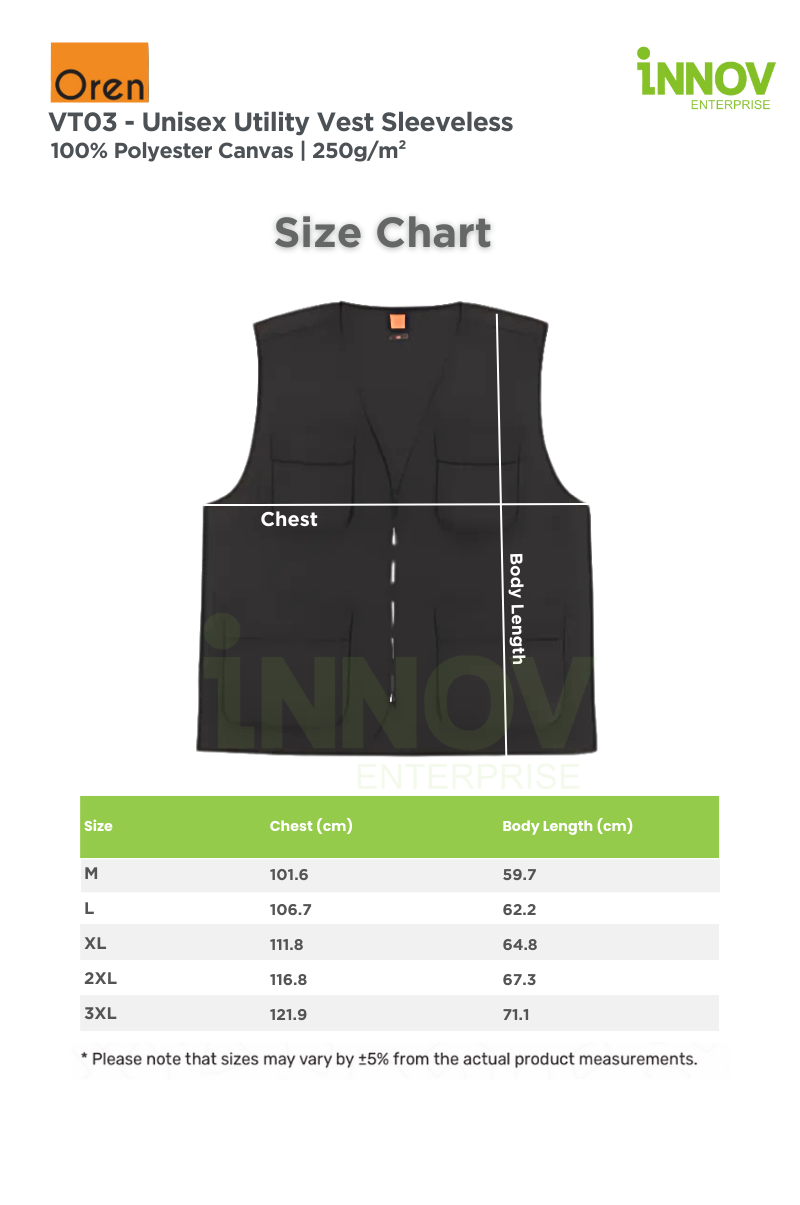 VT03 - SIZE CHART Unisex Utility Vest Sleeveless